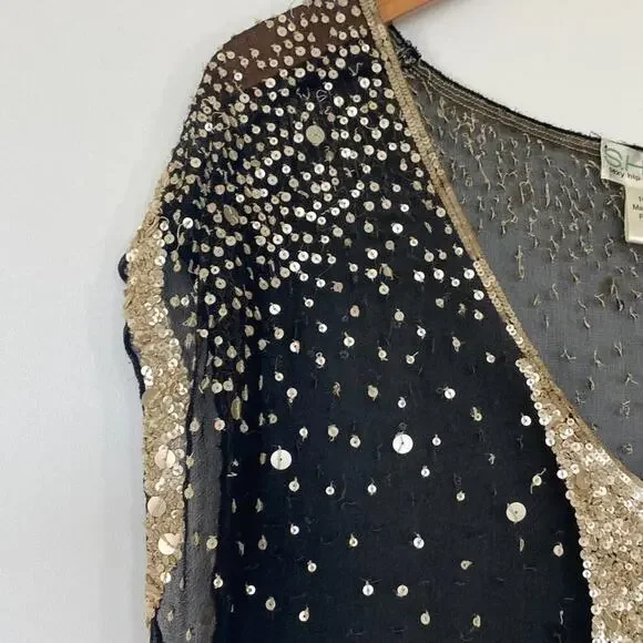 Vintage Shag Black Cream Sequin Embellished Blouse Top - Picture 6 of 16